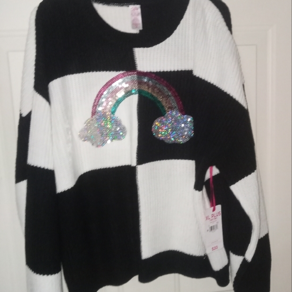 Black and White Sweater with Rainbow Design
